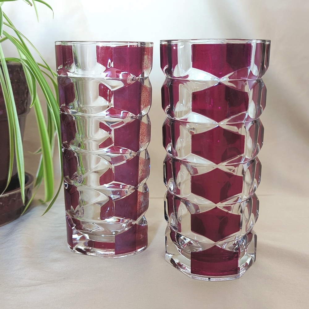 J G Durand Vintage Glass and Ruby set of 2 Vases Made in France